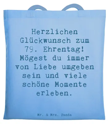 Produktbild von Mr. & Mrs. Panda Tote Bag Spruch 79. Geburtstag Glückwünsche - Sky Blue - Geschenk, handgefertigte Produkte, Büchertasche, besonderes, Jutebeutel, Happy Birthday, Jubilar