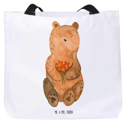 Produktbild von Mr. & Mrs. Panda Tote Bag Bär Dankbar - Weiß - Geschenk, Danke, Beutel, Laptoptasche, Stoffbeutel, Blumen, Tasche, Strandtasche, Dankeschön, Teddy
