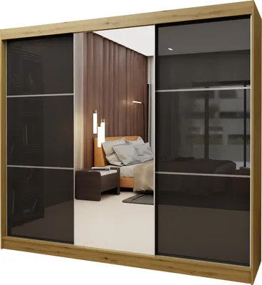 Produktbild von Masseno Schiebetürenschrank VITALE 240 cm Kleiderschrank mit 4 Schubladen Schlafzimmer Schrank 3-türig mit Spiegel und Lacobel Eiche Artisan