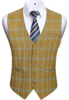 Immagine prodotto di Gilet a quadri da uomo, elegante, motivo a "pied de poule", in cotone, giallo, taglia 3XL