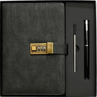 A black notebook with a gold combination lock and a pen are displayed in a black box.