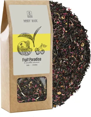 Zdjęcie produktu dla Mary Rose – Czarna herbata Fruit Paradise 50 g – herbata z Yunnan z dodatkiem pomarańczy, truskawki, wiśni i hibiskusa – aromatyczna, pobudzająca
