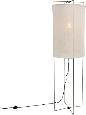 Produktbild von QAZQA - Design Stehleuchte I Stehlampe I Standleuchte I Lampe I Leuchte stahl I nickel matt mit beigem Leinenschirm - Reichhaltig I Wohnzimmer I Schlafzimmer - Leinen Länglich I Zylinder - LED geeigne
