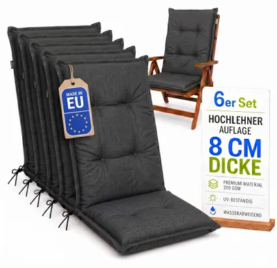 Zdjęcie produktu dla Pillows24 - 6x poduszki na krzesła z wysokim oparciem 120x50x8 cm | Pikowane, odporne na warunki atmosferyczne poduszki na krzesła ogrodowe | Poduszki na siedziska do mebli ogrodowych | Wyprodukowano w UE | Grafitowy