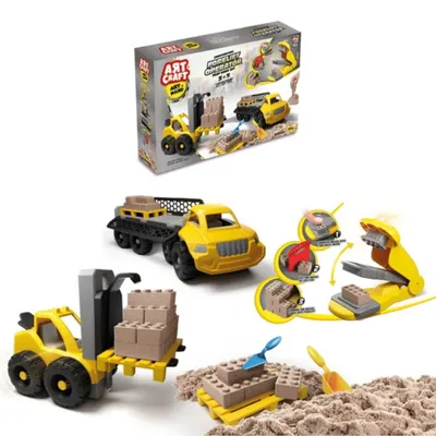 Produktbild von Sand-Bausatz Burg 750g mit Baufahrzeugführer und Ziegelsteinfertigungsmaschine