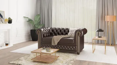 Produktbild von S-STYLE MÖBEL - Chesterfield Sofa 2 sitzer aus Braun veganem Leder mit Holzfüßen - Area - B/T/H: 148 cm/86cm/72cm