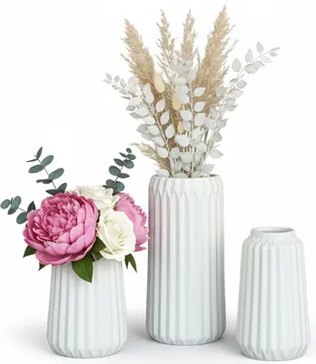 Produktbild von Relaxdays Vasen 3er Set, Blumenvasen, 3 versch. Größen, Frisch- & Trockenblumen, Dekovase aus Keramik, Tischdeko, weiß