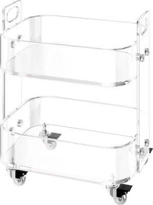 A clear, studio shot of a two-tiered acrylic rolling cart.