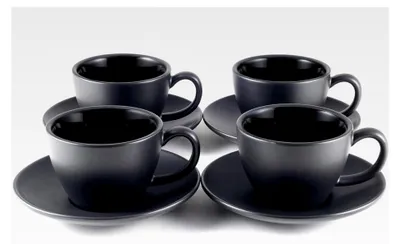 Produktbild von Cappuccino Tassen Set 4 Stück (180 ml) aus Steingut - Dickwandige Kaffeetassen mit Untertassen - Milchkaffeetassen in Schwarz