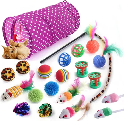 Produktbild von 21-teilig Katzenspielzeug Set mit Grün Katzentunnel Jingle Bell Katzen Spielzeug Variety Pack für Kitty (lila)