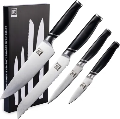 Produktbild von Zayiko 4er Messer-Set - Klingenlängen von 8,50 cm bis 20,50 cm I Scharfe Küchenmesser und Profi Kochmesser aus deutschem Stahl mit ABS Griff und Geschenkbox Serie Zayiko NAMI