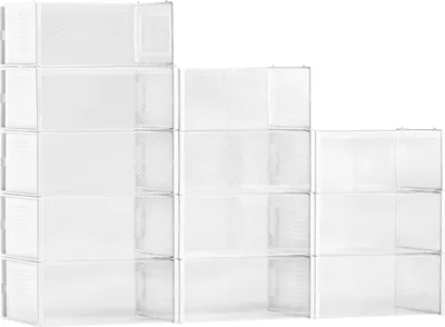 Immagine prodotto di Scatole per scarpe impilabili - Set da 12 - Organizer modulare per scarpe - Adatto fino alla taglia 11 USA - In plastica resistente - Per scarpe da ginnastica, tacchi alti, stivali e cappelli - Cornice bianca