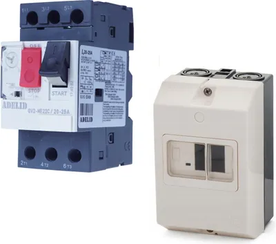 A product shot of two electrical components, a circuit breaker and a housing unit, against a white background.