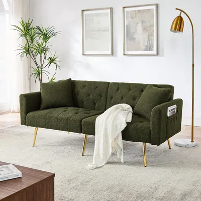 Produktbild von okwish Zweisitzer,Schlafsofa mit 2 beigelegte Kissen,Chaiselongue 3-stufige verstellbare Rückenlehne,Relaxsofa,stabile Metallbeine,für kleine Wohnungen,Grün