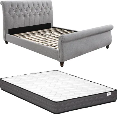 Produktbild von Bett 160 x 200 cm mit gepolstertem Kopfteil + Matratze - Grau - BALANSANO