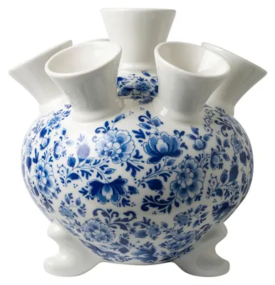 Productafbeelding van Heinen Delfts Blauw – Tulpenvaas op voet, groot formaat - Sierlijke bloem - Keramiek - 30 cm