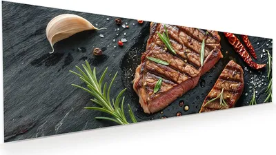Produktbild von Glasbild 120x40cm in XXL für Wohnzimmer, Schlafzimmer Motiv Gegrilltes Steak