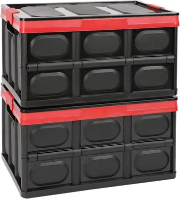 Obrázek produktu pro 2 kusy skládacích úložných boxů s víkem, plastové, skládací, přepravní, objem 30 litrů. Ideální pro skladování oblečení, knih, svačin. Úložné boxy, regálové koše, černá barva