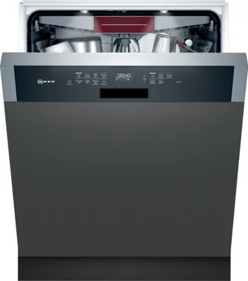 A dishwasher with its door open, showing the interior and control panel.