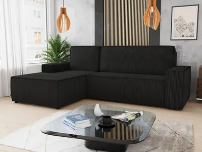 Produktbild von Ecksofa Totti L mit Schlaffunktion und Bettkasten - Cord Stoff - L-Form Couch, Polstersofa, Schlafsofa, Sofagarnitur (Schwarz (Poso 135) Seite: Links)