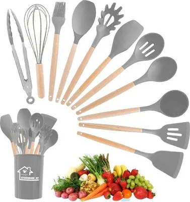 Produktbild von Küchenhelfer-Set 12-teilig Silikon Hitzebeständig Holzgriff Antihaftbeschichtung