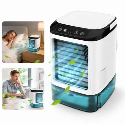 Produktbild von 3-in-1 Mini Klimaanlage mit Luftbefeuchter & Ventilator, USB Luftkühler mit Doppel-Sprühnebel, 3 Geschwindigkeiten, Eisbox, Weiß