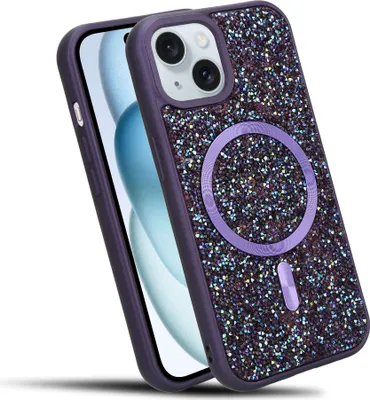 Image de Cadorabo Housse pour Apple iPhone 15 Housse pailletée compatible avec MagSafe en LILA Housse magnétique Sparkle Diamond pour Apple iPhone 15 antichoc Diamant Crystal Housse de protection avec force magnétique