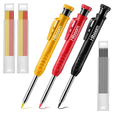 Produktbild von 3 Tieflochmarker Bleistifte Zimmermannsbleistifte mit 21 Minen Ölhaltig Druckbleistift mit Eingebaut Spitzer Baustelle Stifte mit Geschmacksmuster (Gelb, Rot, Schwarz Abdeckung)