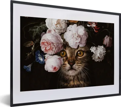 Produktbild von MuchoWow® Gerahmtes Poster Katze - Blumen - Kunst 40x30 cm - Poster mit Schwarzem Bilderrahmen Wandposter Rahmen Foto Bilder - Bilderrahmen - Poster im Rahmen
