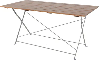 A wooden slatted table with a metal folding frame, shown against a white background.