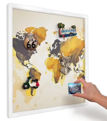 Produktbild von Magnettafel 50x50 cm mit weißem Rahmen - Magnetische Metalltafel, Magnetpinnwand zur Wandmontage für Wohnzimmer, Küche, Flur, Kinderzimmer und Büro - Weltkarte