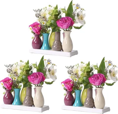 Imagen del producto de Juego de 3 jarrones de cerámica: mini jarrones de colores, 7 unidades por juego (19x7x11 cm) – Decoración escandinava para mesa y hogar – Hecho a mano, ideal para flores, flores secas e ideas de regalos