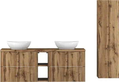Produktbild von Badmöbel-Set 2-teilig mit 140 cm Waschtisch in Eiche mit gerillter Front - CALURI-140