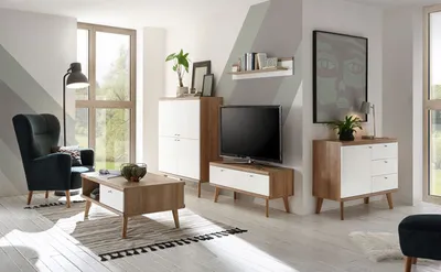 Produktbild von Wohnzimmer Set Merle 321cm eiche riviera / weiß matt Wohnwand Couchtisch