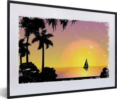 Produktbild von MuchoWow® MuchoWow® Gerahmtes Poster Segelboot - Palme - Sonne 60x40 cm - Poster mit zchwarzem Bilderrahmen - Schlafzimmer - Plakat in Rahmen - Drucken