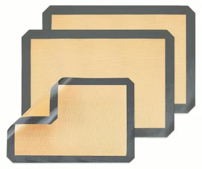 Produktbild von Set mit 3 rechteckigen Silikon-Backmatten, wiederverwendbare Silikon-Backbleche, BPA-frei, zum Ausrollen von Teig, für Kekse, Brot, Pizza, rutschfest und hitzebeständig.