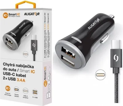 Image de ALIGATOR Smart Car Charger 3.4A, 2xUSB, smart IC, noir, câble USB-C