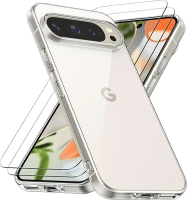 A clear phone case and screen protectors are shown in front of a phone.