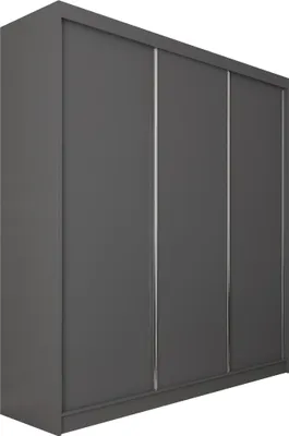 A three-door sliding wardrobe with a matte gray finish and silver handles.