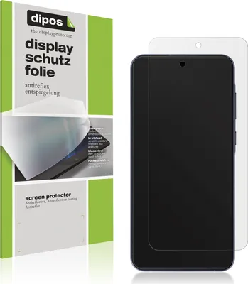 A product package for a screen protector is shown next to a smartphone with a screen protector applied.