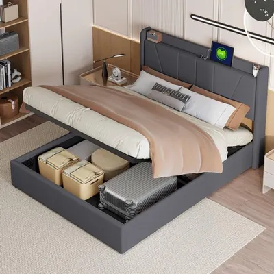 Image de Lit double tapissée 160x200 cm - Avec espace de rangement et ports USB - Gris lin