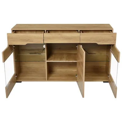 Produktbild von Merax Sideboard mit LED-Lichtstreifen, Moderne Kommode mit 3 Türen und 3 Schubladen, Anrichte mit Glasablage, Schwarz + Holz