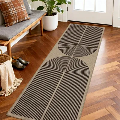 Obrázek produktu pro Koberec do chodby, protiskluzový, omyvatelný, rozměry 60x180 cm, vzor: proužky, barva: hnědá