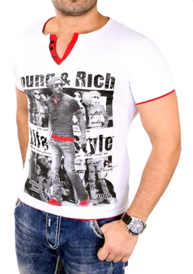 Produktbild von Young & Rich Herren T-Shirt Club Layer Style Kurzarm Shirt YR-1081 Weiß-Rot M