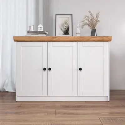 Produktbild von Homestyle4u Kommode Sideboard Eiche Matt Weiß Holz Massiv Schrank Mit Fächern Highboard Anrichte