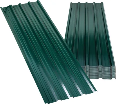 Two stacks of green corrugated metal sheets, likely roofing or siding panels, are shown against a white background.