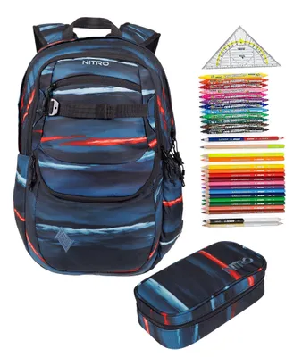 Produktbild von Schulrucksack Jungen Mädchen 3 Teile Set Nitro Future Hero Schultasche inkl. Mäppchen Box XL und Mäppchen Füllung Tasche blau rot Acid Dawn +rmv