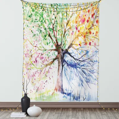 Produktbild von ABAKUHAUS Baum Wandteppich, Vier Jahreszeiten Künstlerischer Baum mit Bunten Blühenden Blätter Muster, Wohnzimmer Schlafzimmer Seidiger Satin Wandtuch, 150 x 200 cm, Mehrfarbig
