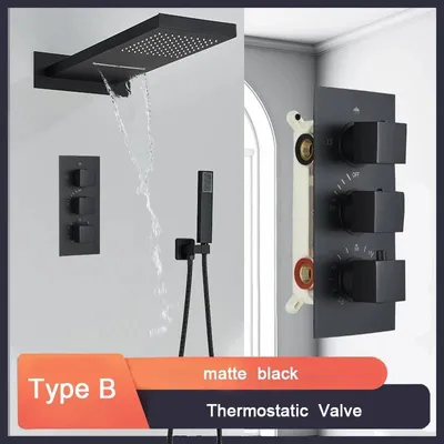 Produktbild von Badezimmer Thermostatarmatur - Unterputz Regendusche Set - Wasserfall Duschsystem - Messing - Einhebel Warm/Kalt - Schwarz B