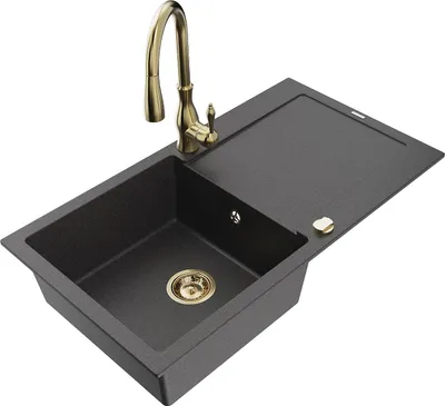 Produktbild von Mexen Leo 1 Becken-Granitspüle mit Abtropffläche und Mischbatterie Savita, Schwarz gesprenkelt - 6501-76-672601-50